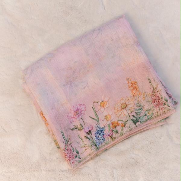 Baby Pink Kota Cotton Saree with Vibrant Digital Floral Print