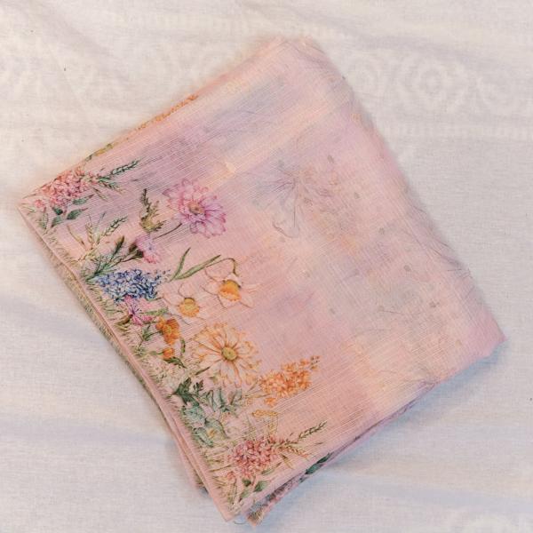 Baby Pink Kota Cotton Saree with Vibrant Digital Floral Print