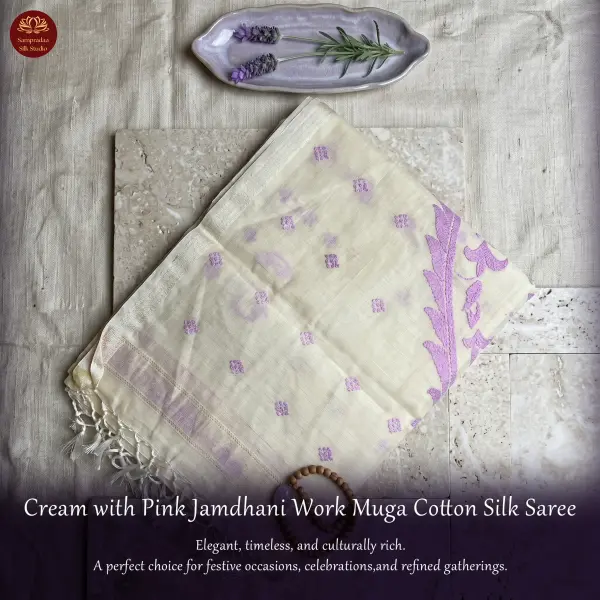 Cream with Pink Jamdhani Work Muga Cotton Silk Saree