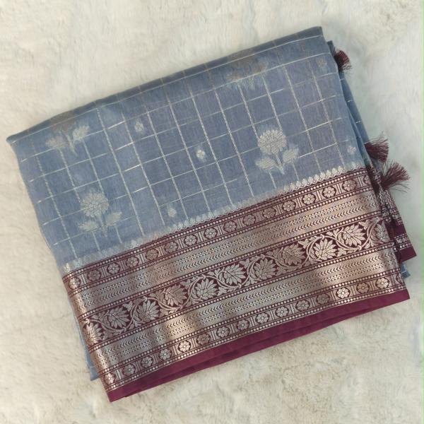 Soft Organza Saree in Dual-Tone Grey with Rich Maroon Zari Border & Pallu