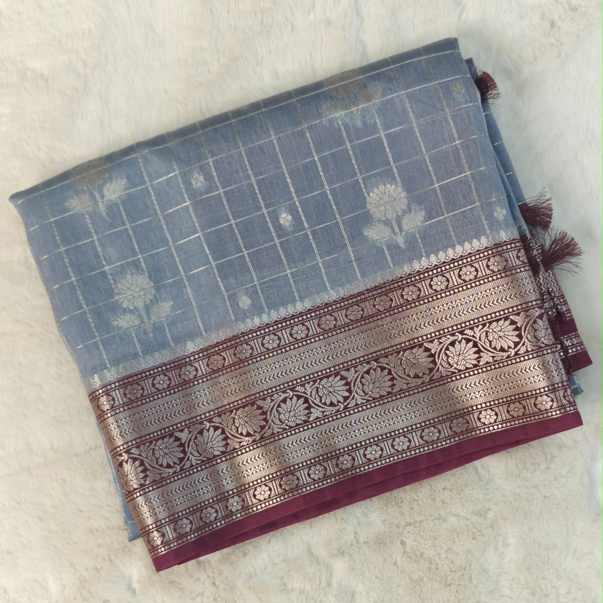 Soft Organza Saree in Dual-Tone Grey with Rich Maroon Zari Border & Pallu