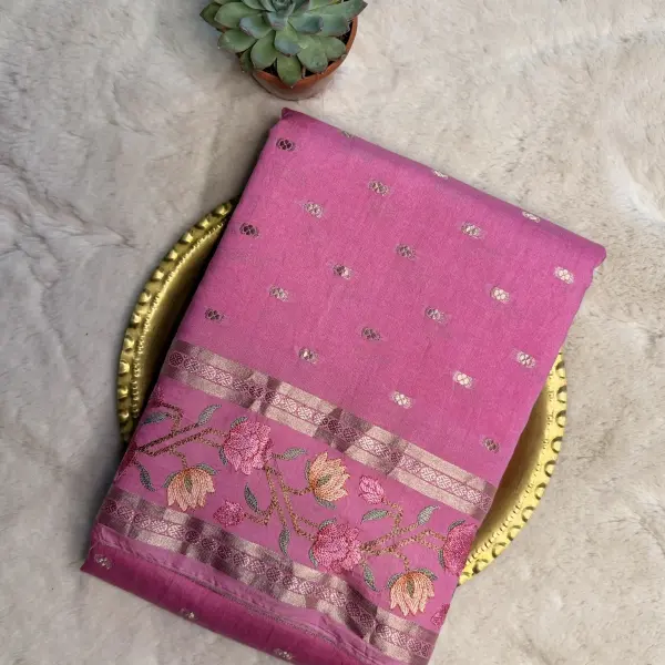 Rose pink digital border print pure mysore crepe saree