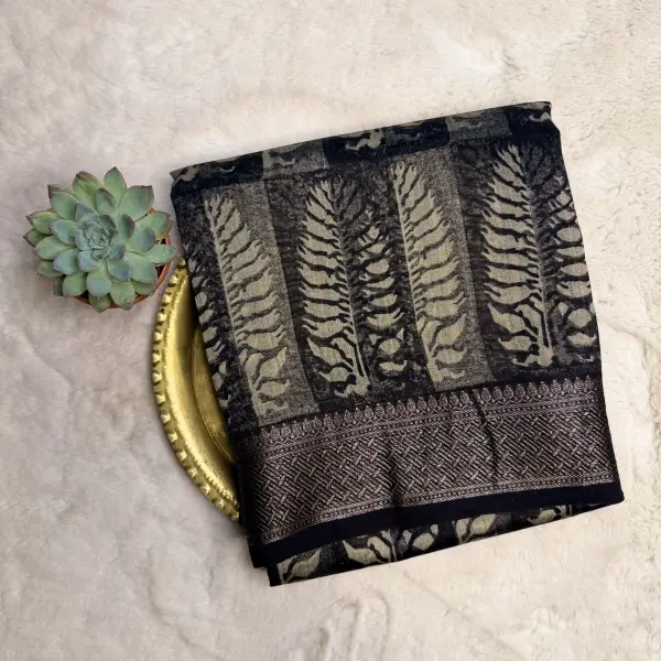 Black & Grey leaf design Pure cotton saree