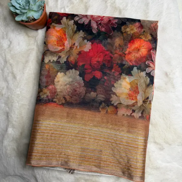 Black Floral print crush viscose fancy saree