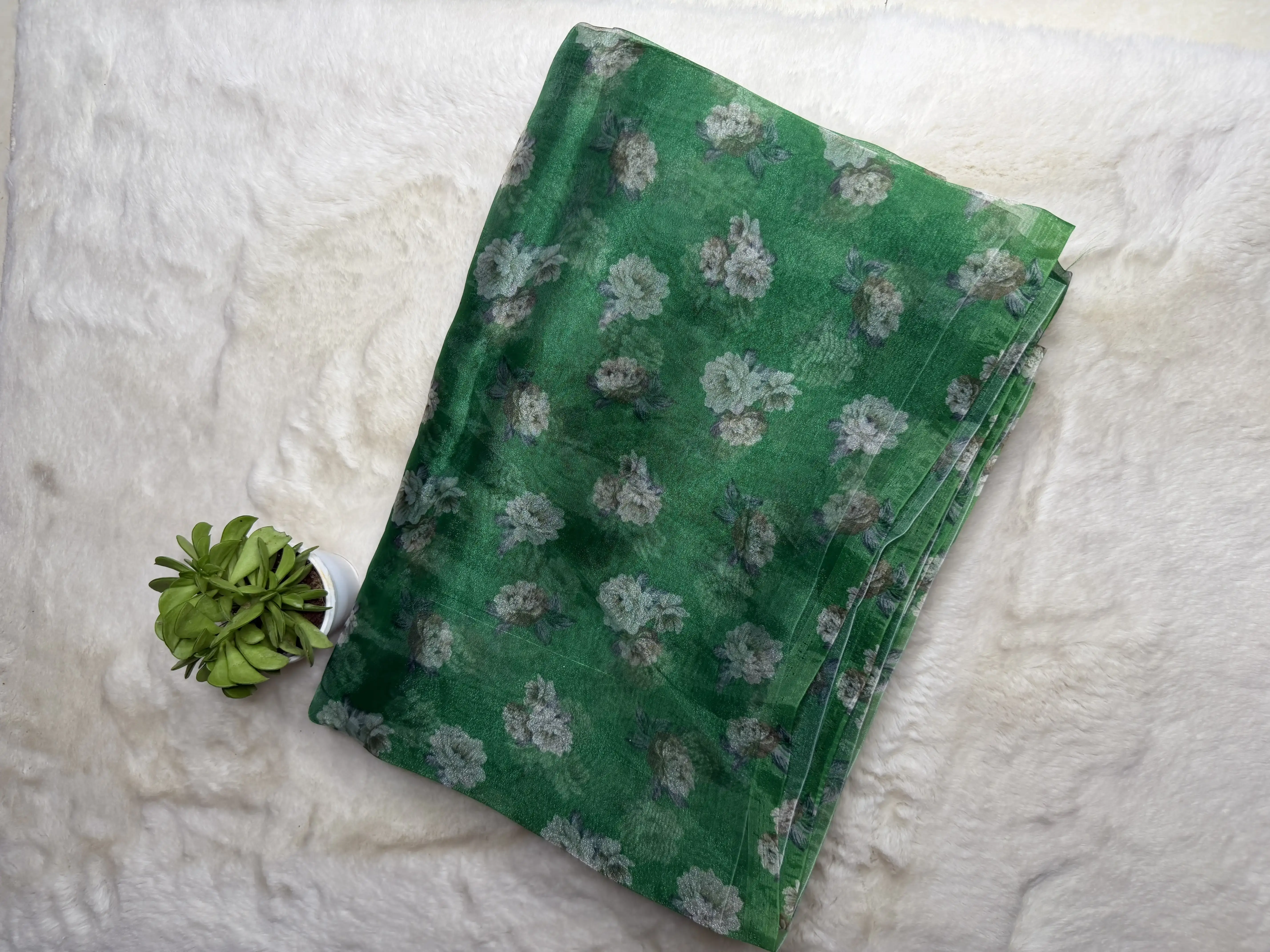Green floral print soft organza saree