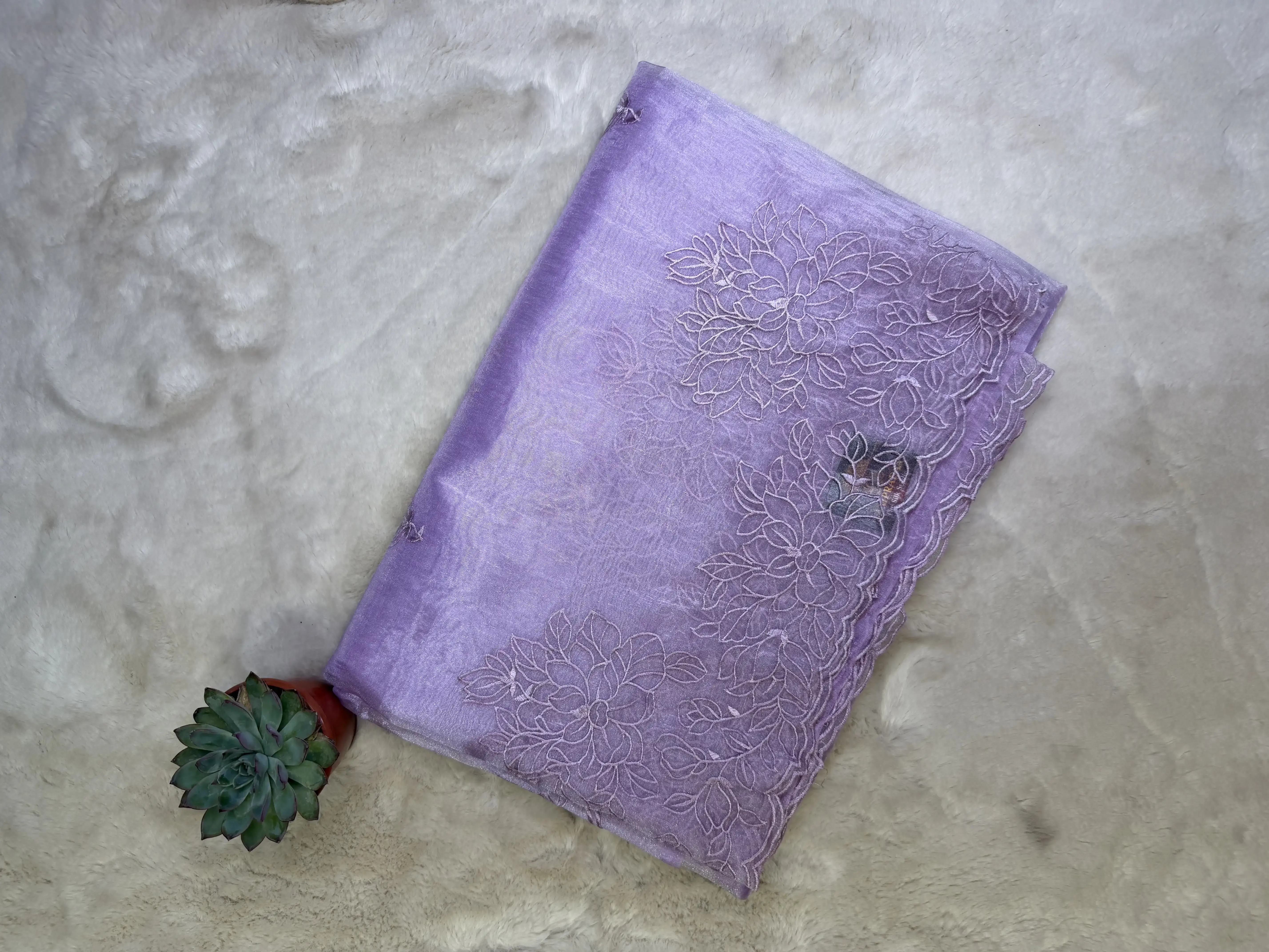 Pink cut work soft organza saree