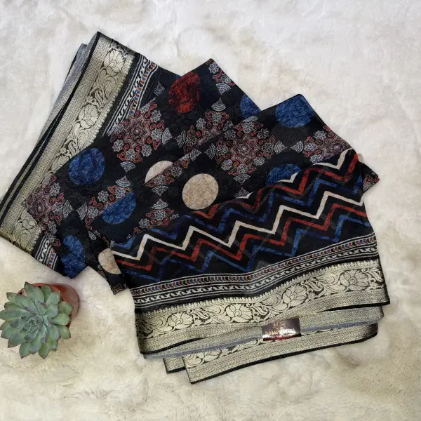 Black with abstract print pure chiffon saree