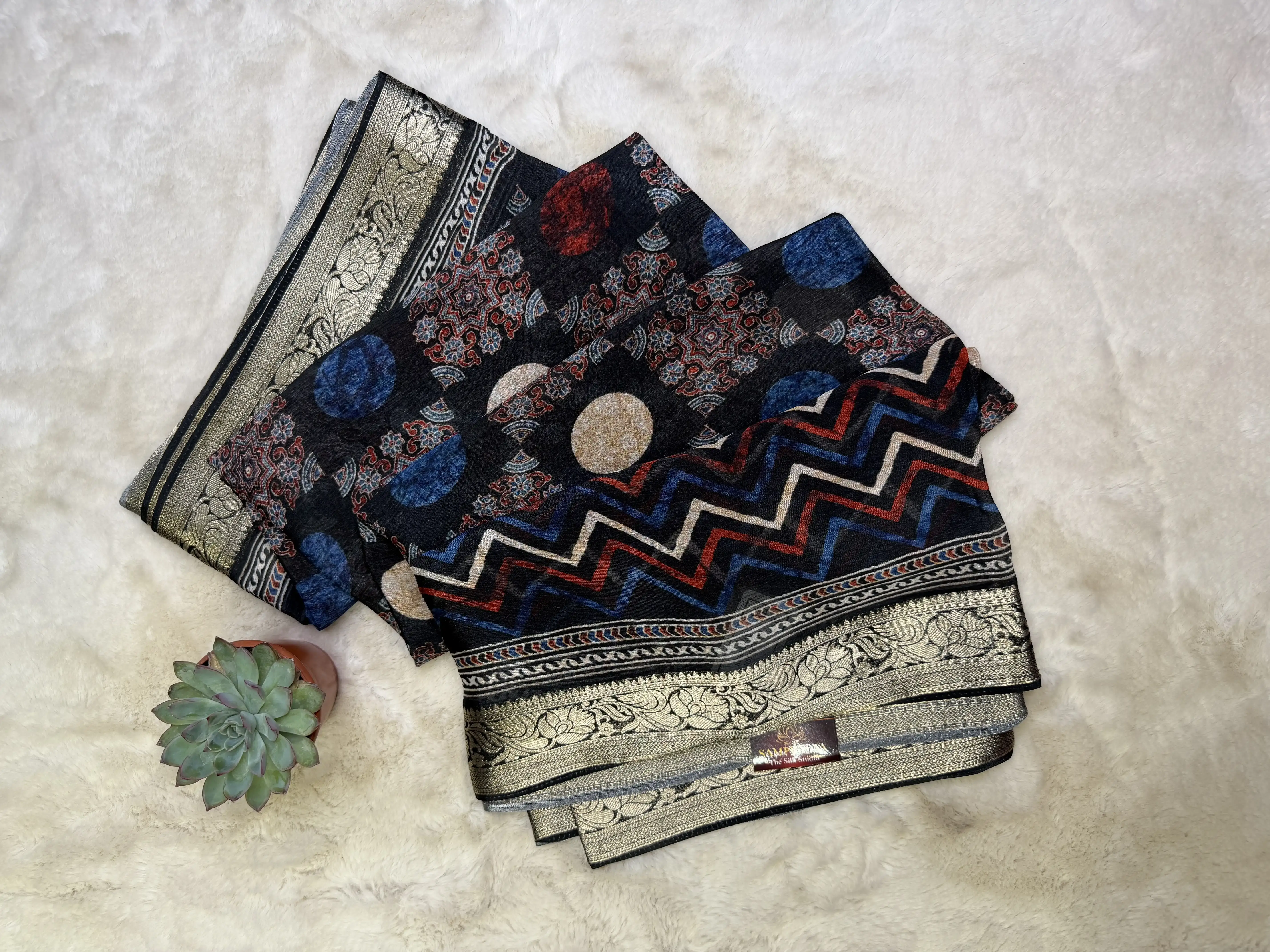 Black with abstract print pure chiffon saree