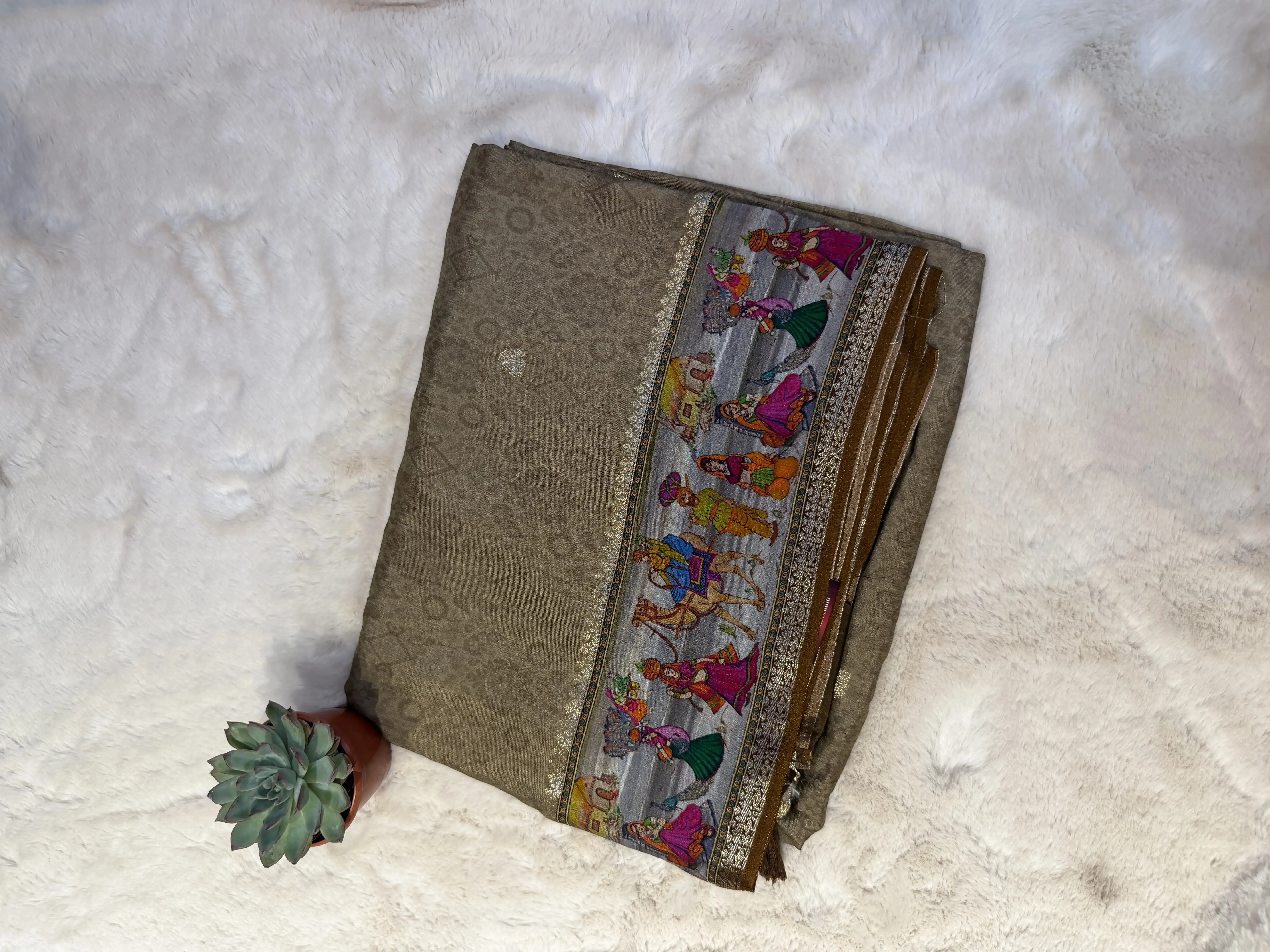 Beige digital print border semi crepe saree