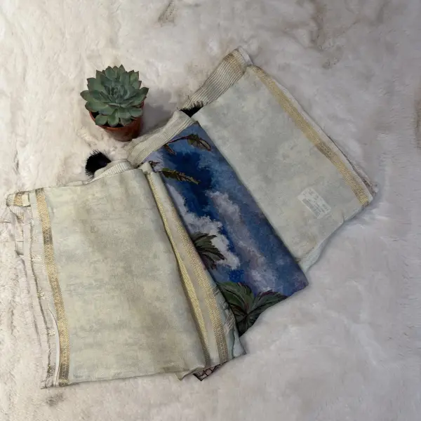 Cream Digital print semi crepe saree