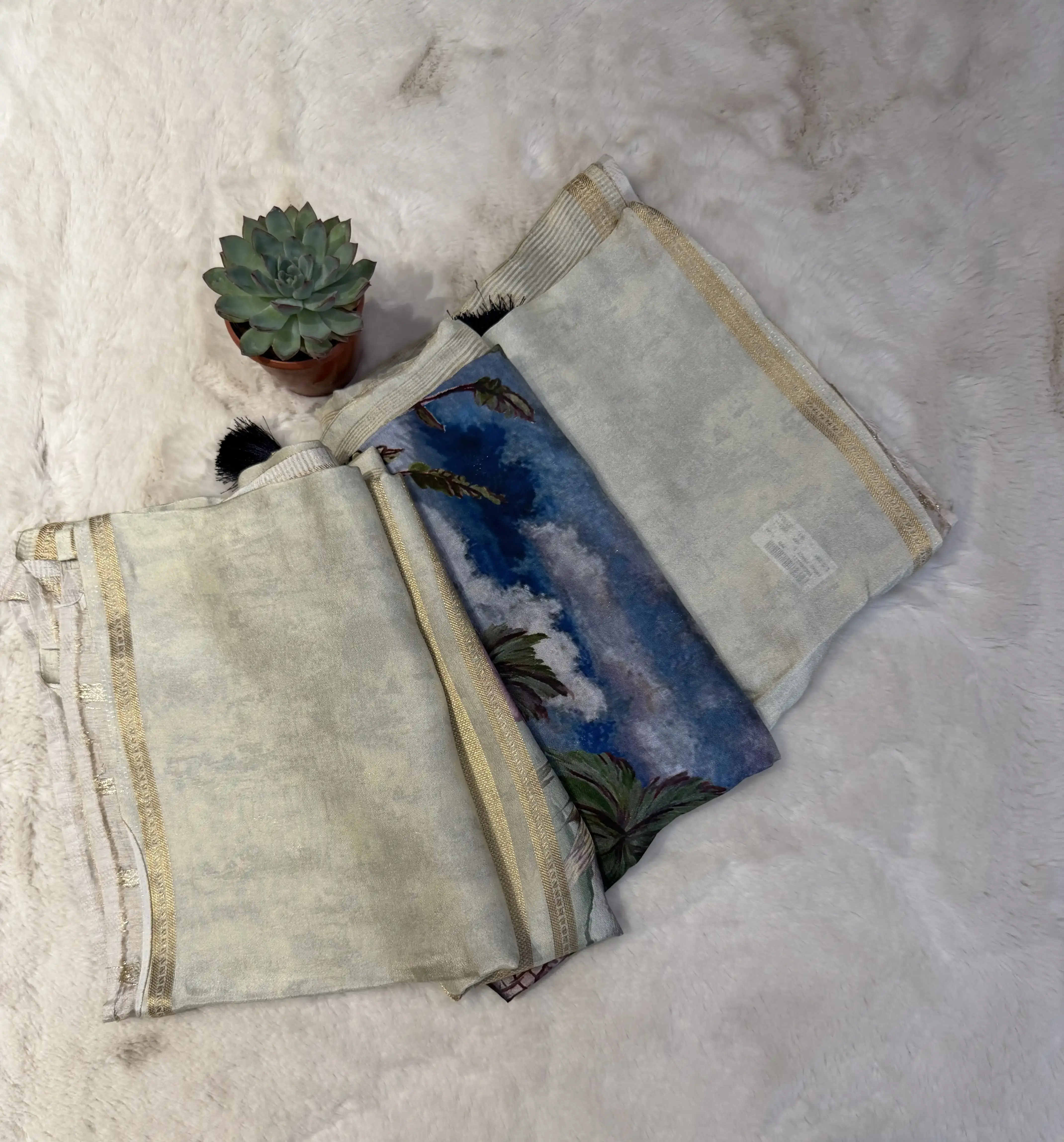 Cream Digital print semi crepe saree