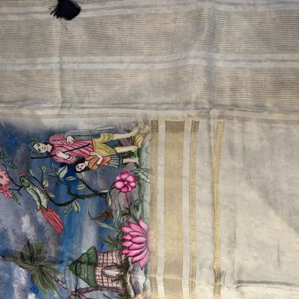 Cream Digital print semi crepe saree