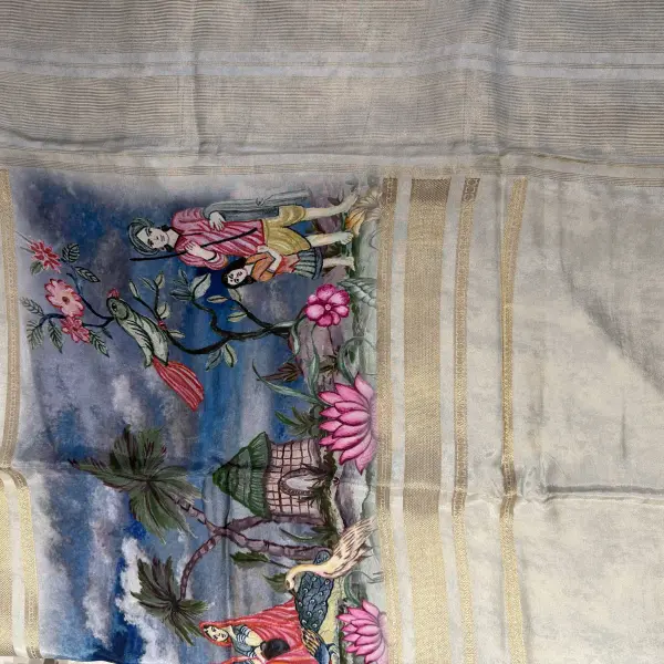 Cream Digital print semi crepe saree