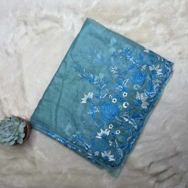 Blue thread work Semi organza saree