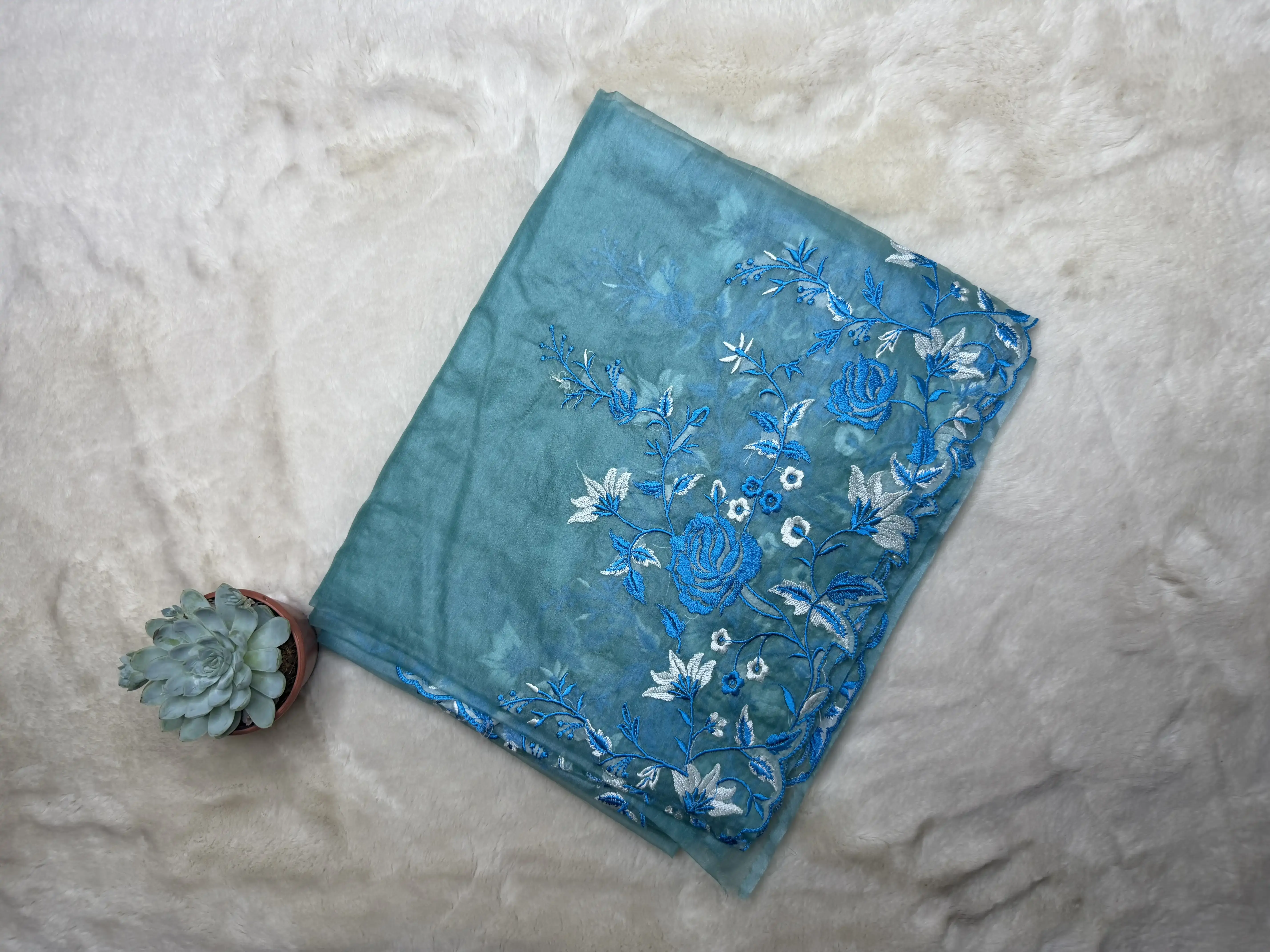 Blue thread work Semi organza saree