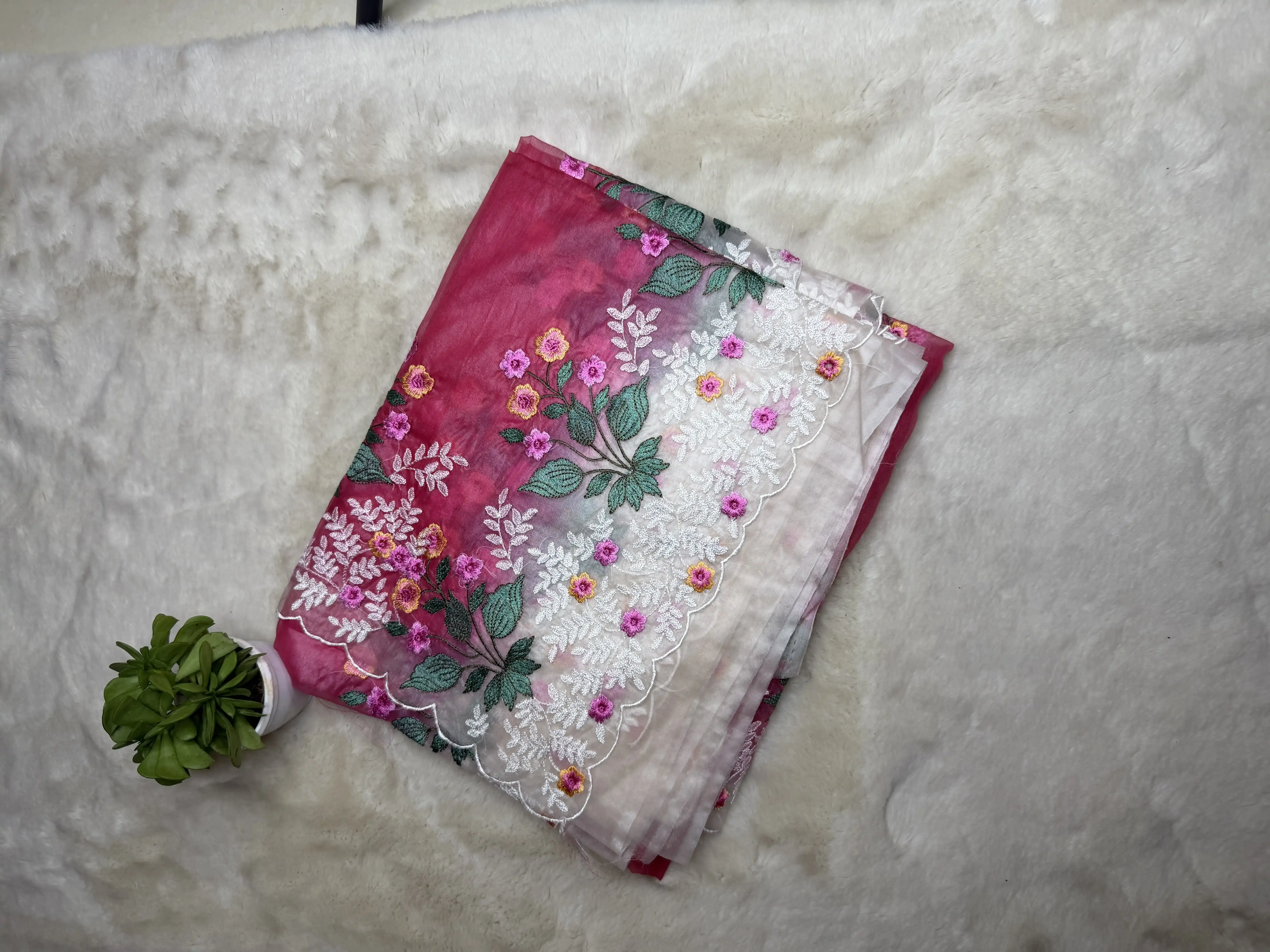 Pink with white border thread work semi organza saree