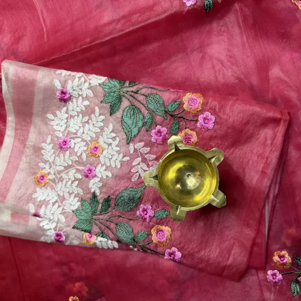 Pink with white border thread work semi organza saree