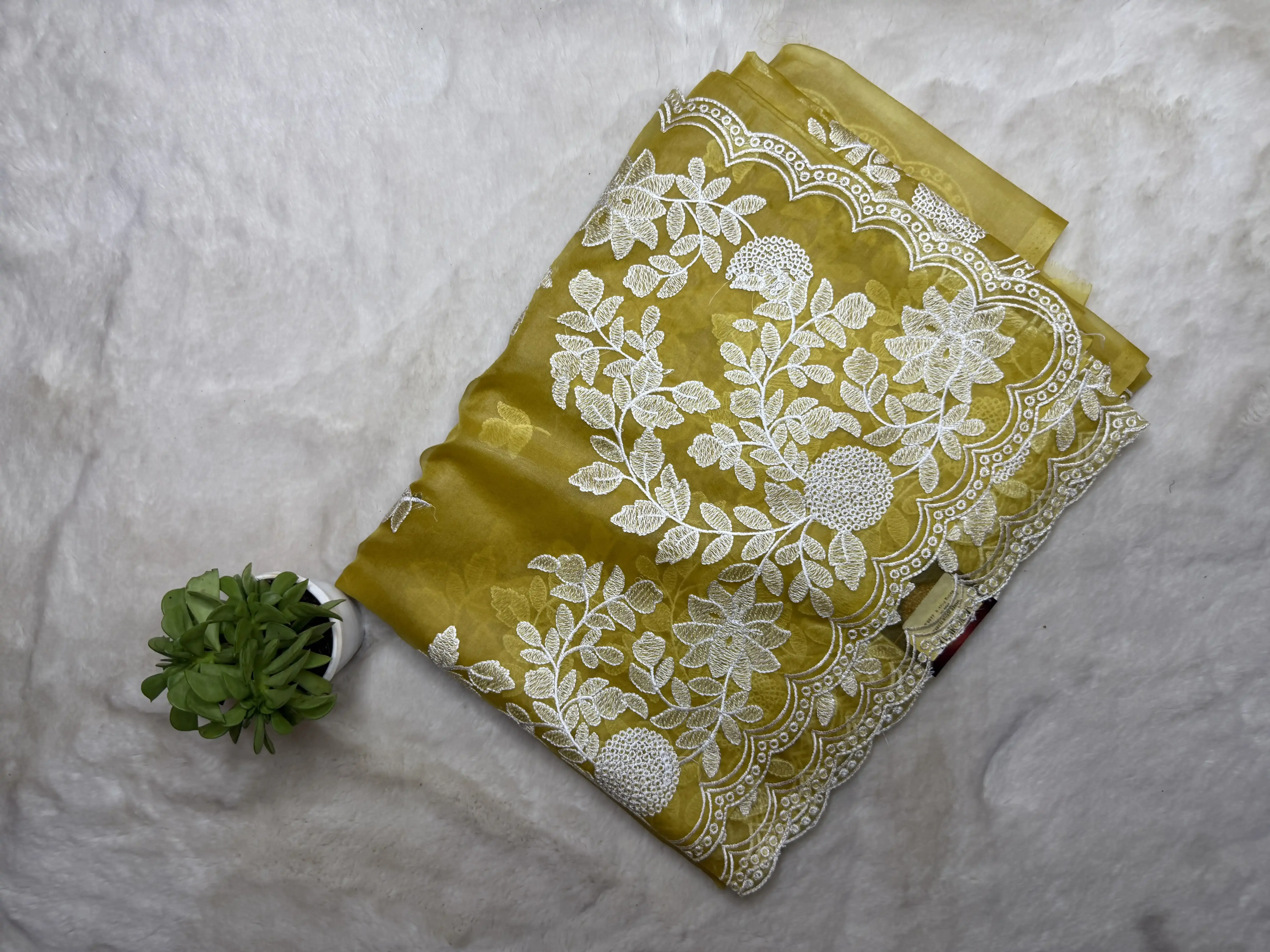 Yellow Thread work semi Organza saree