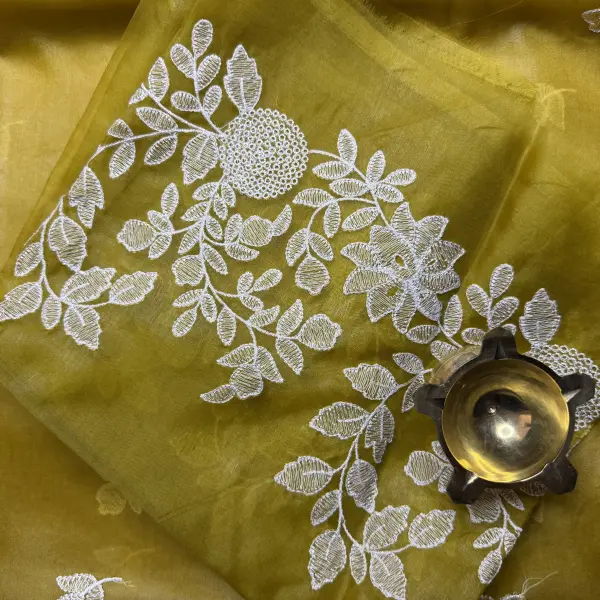 Yellow Thread work semi Organza saree