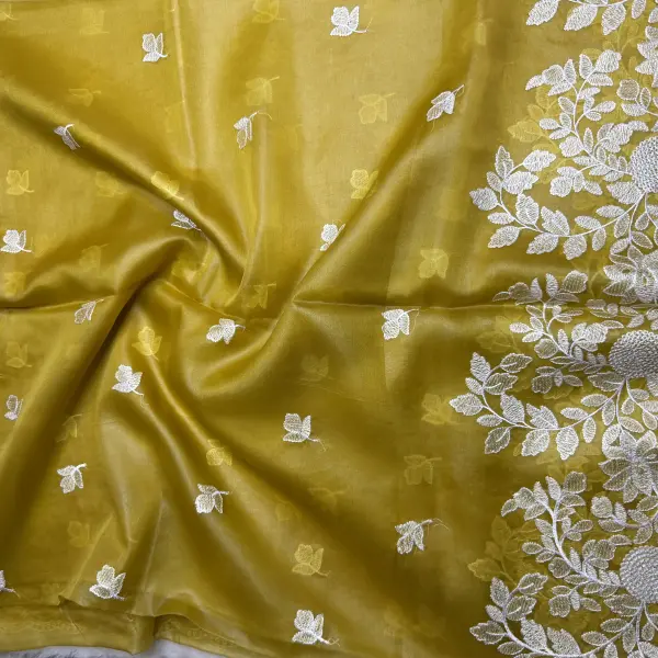 Yellow Thread work semi Organza saree