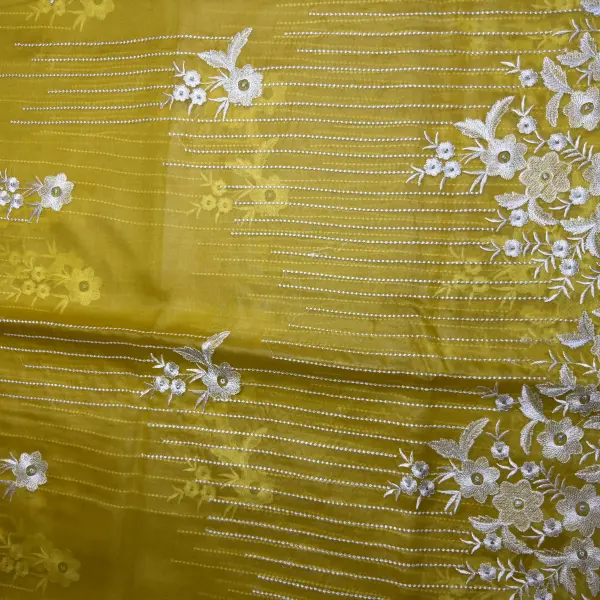 Yellow Thread work semi Organza saree