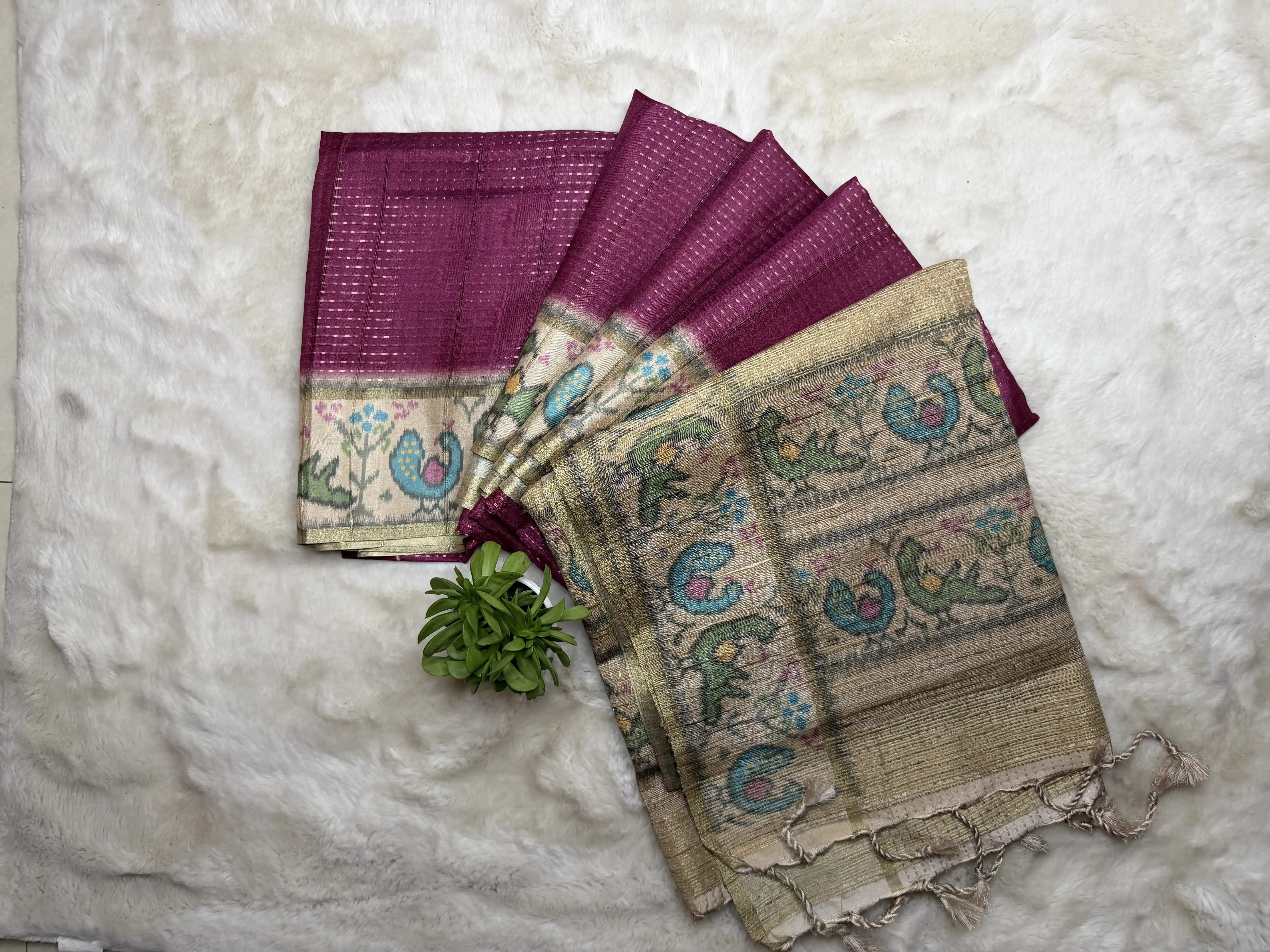 Dark Pink with peacock border Semi Tussar Saree