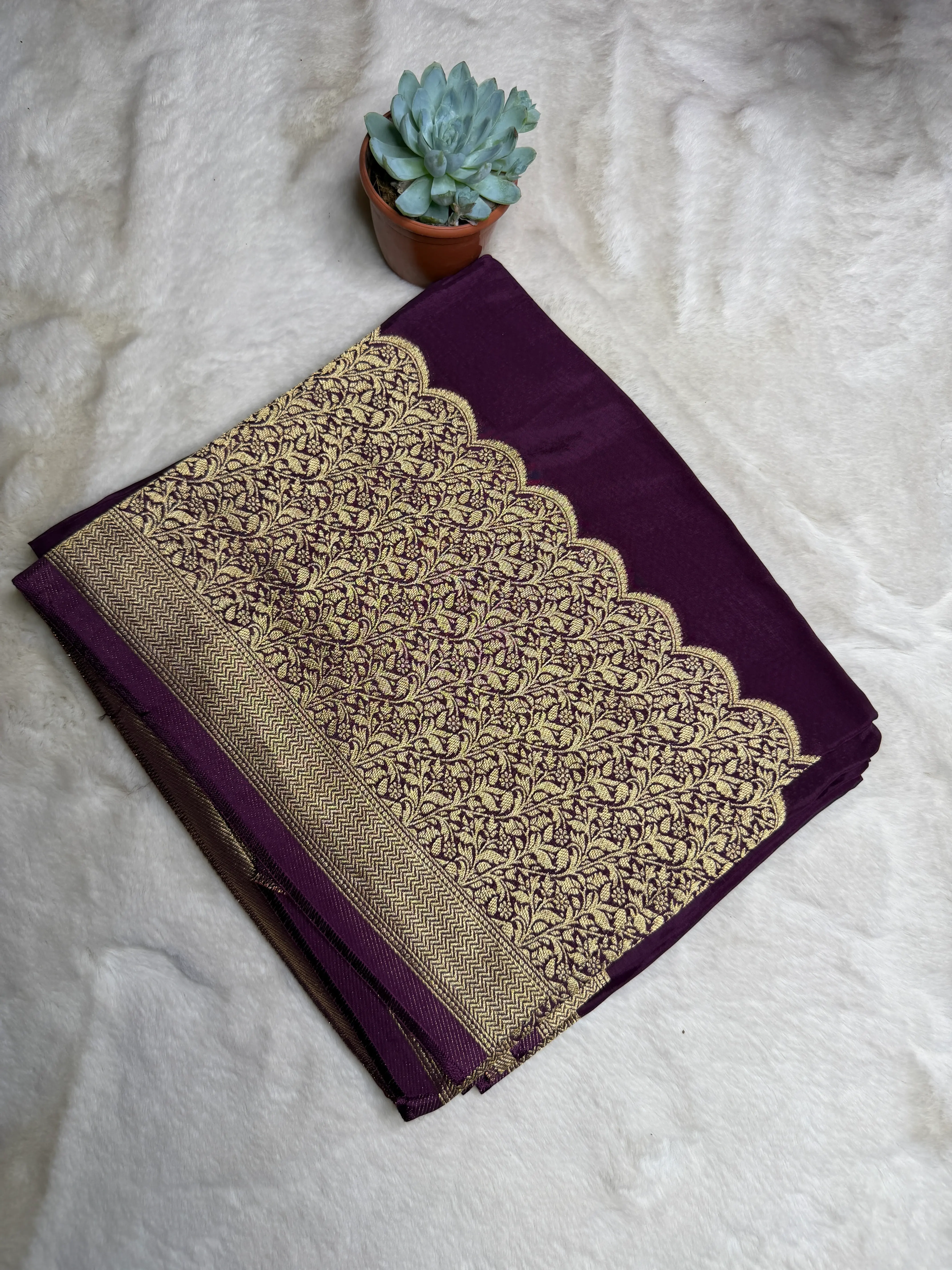 Plain body with Long border satin crepe Saree