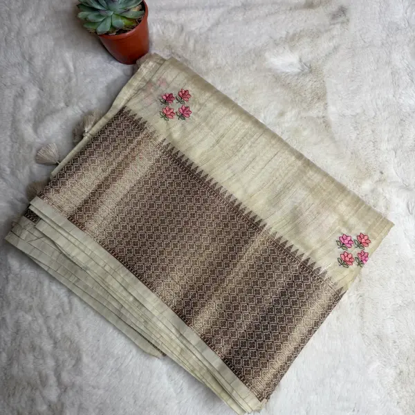 Cream with red thread work fancy saree