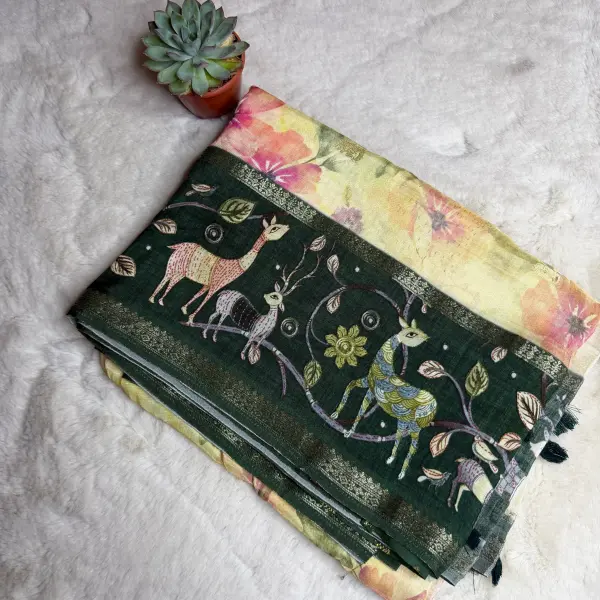 Cream with Green border digital print Semi crepe Saree