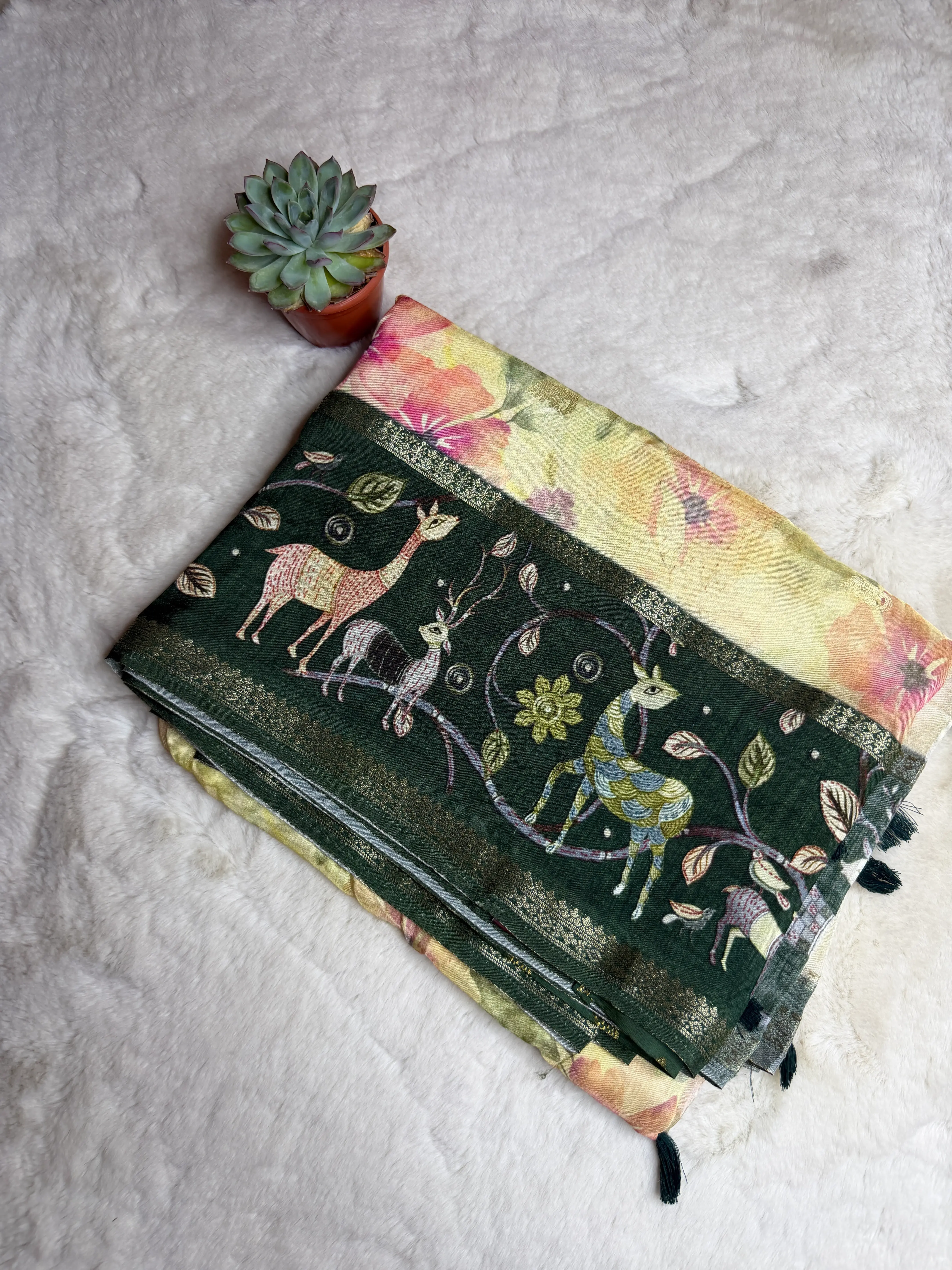 Cream with Green border digital print Semi crepe Saree