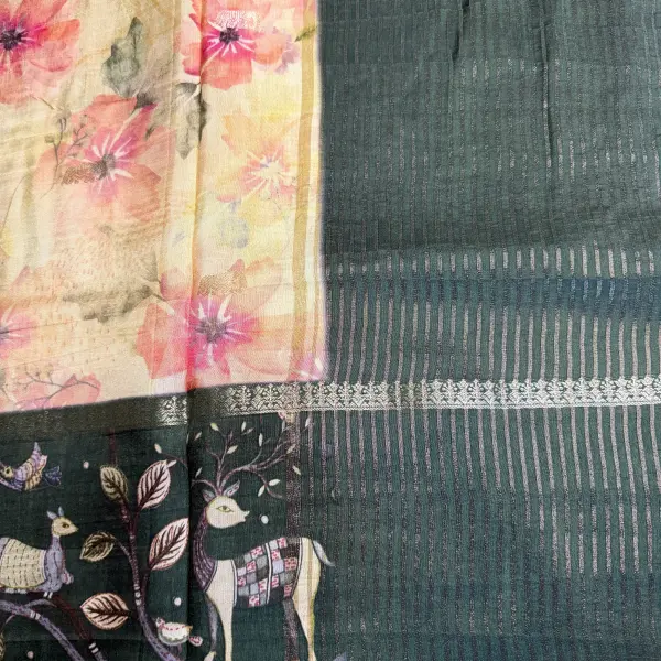 Cream with Green border digital print Semi crepe Saree