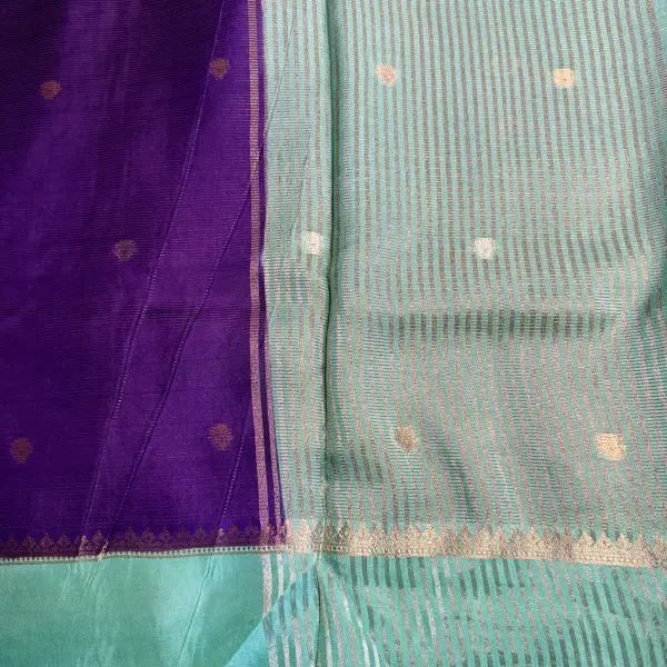 Purple with Sea Green border Micro Stripes all over the body semi crepe Saree