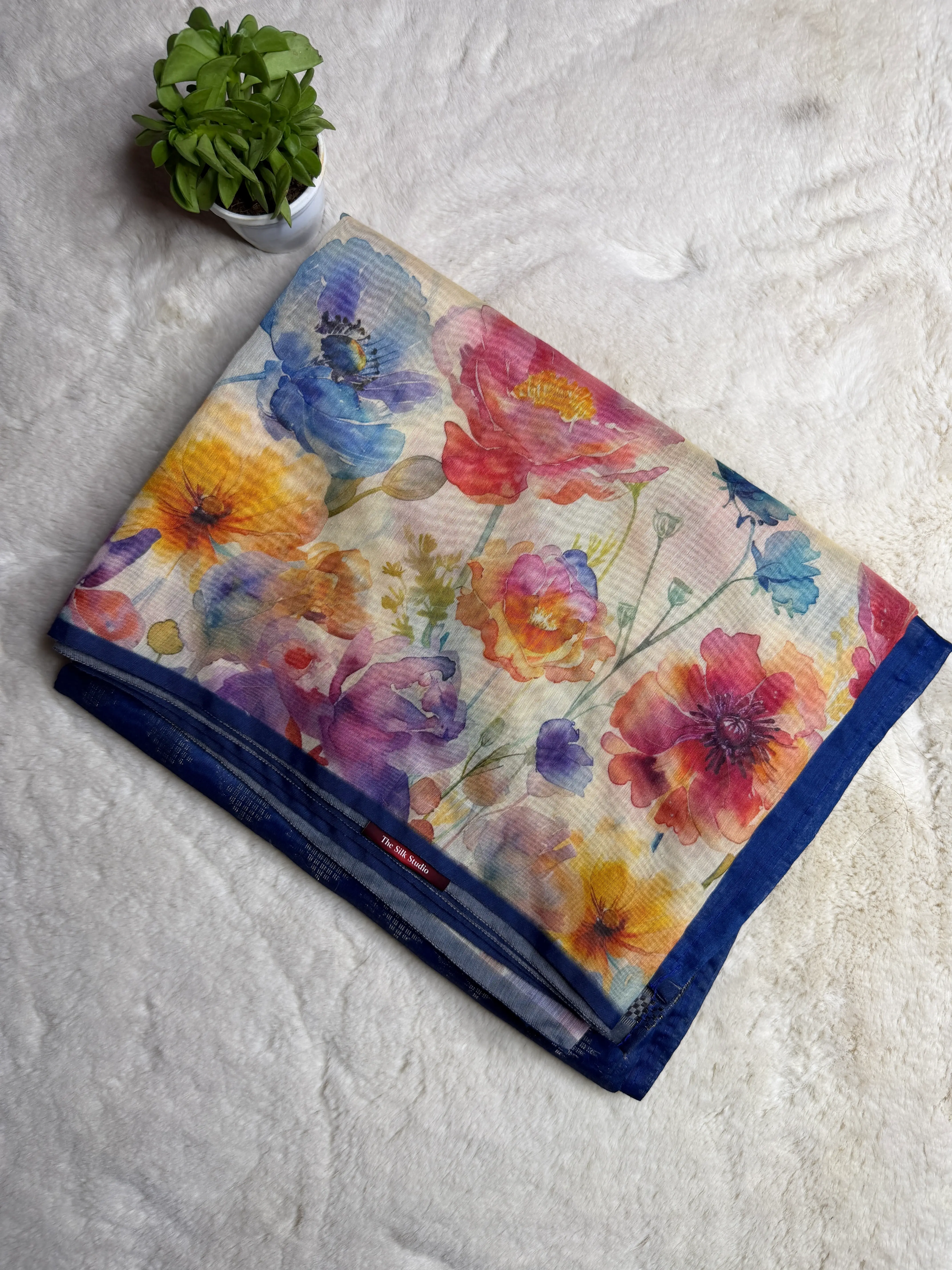 Blue with floral digital print big border fancy saree