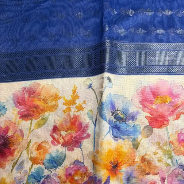 Blue with floral digital print big border fancy saree