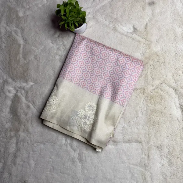 Pink checks with Satin border fancy Saree