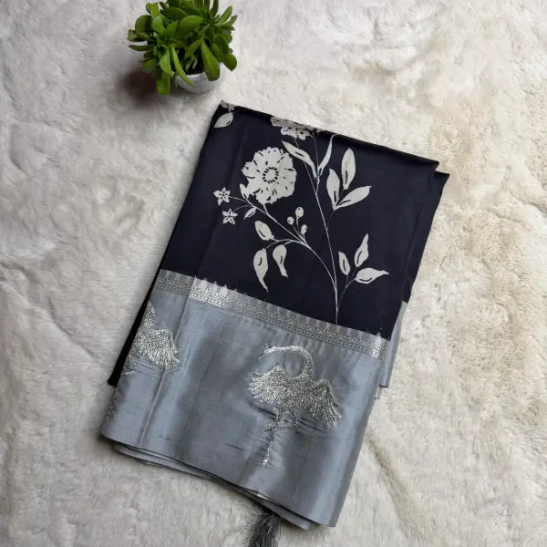 Black body with grey border floral digital print satin fancy saree