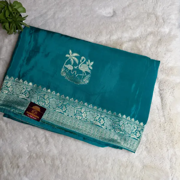Green duck motif satin Benaras Saree