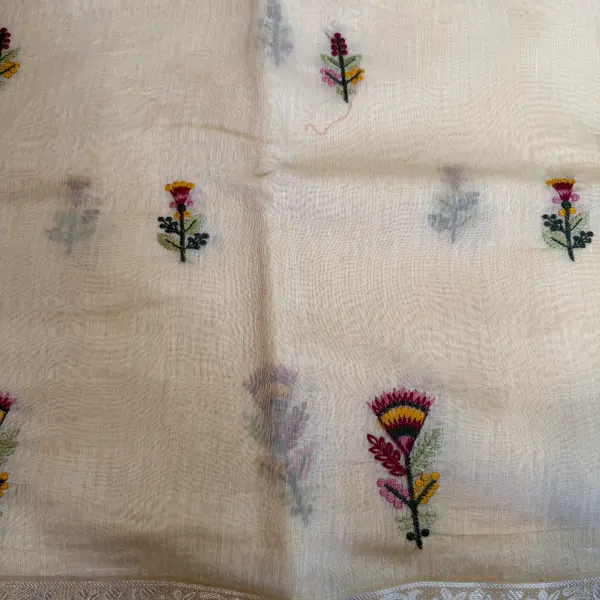Cream Floral thread work fancy saree