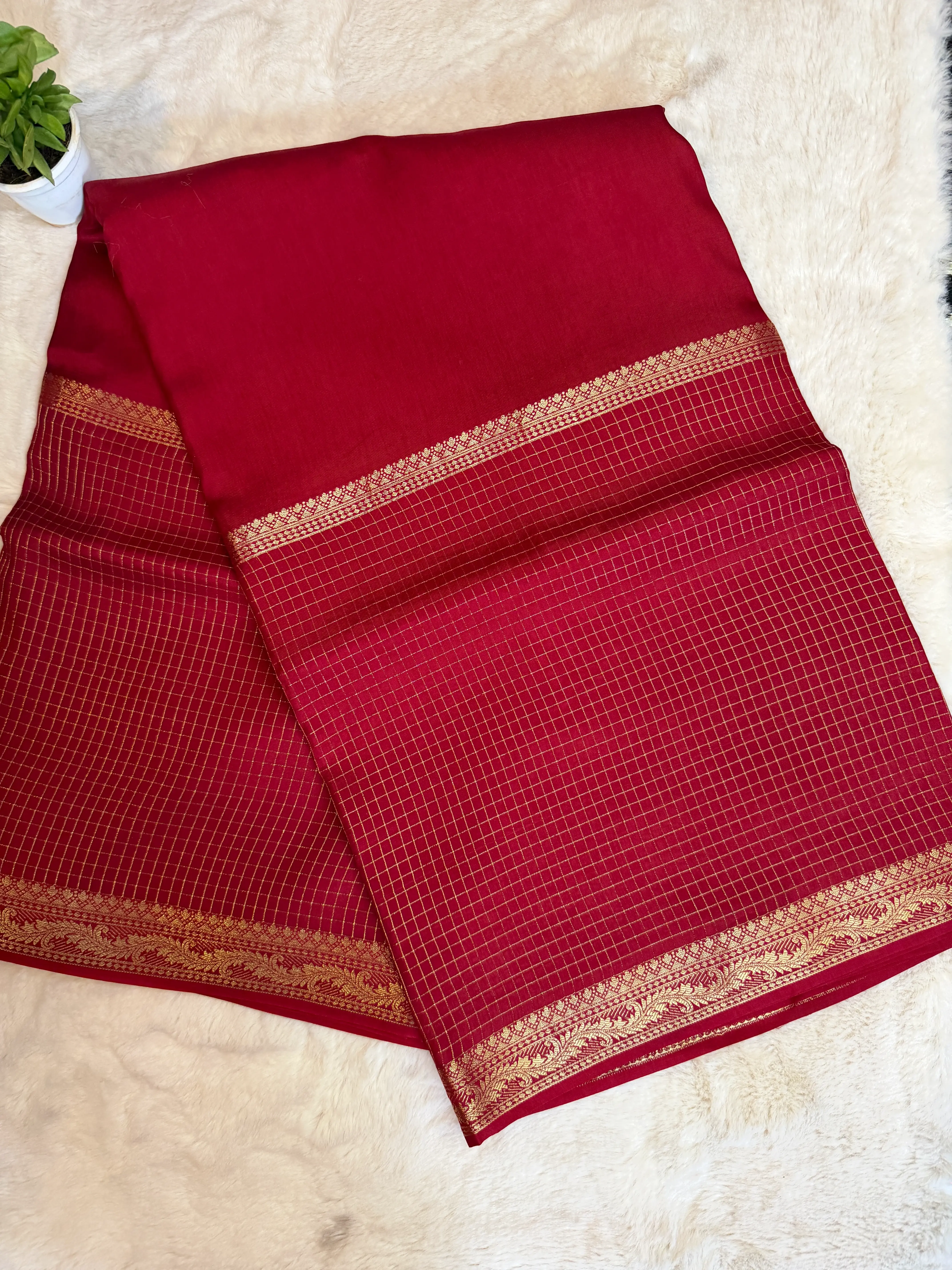 Red microchecks Gap border with contrast yellow Blouse Semi crepe Saree