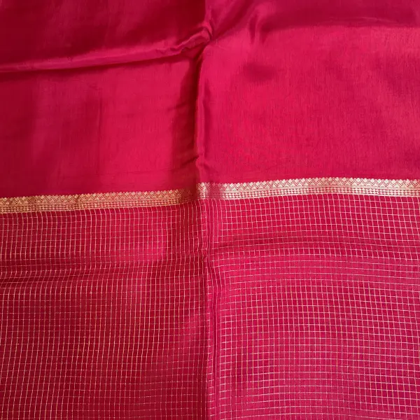 Red microchecks Gap border with contrast yellow Blouse Semi crepe Saree