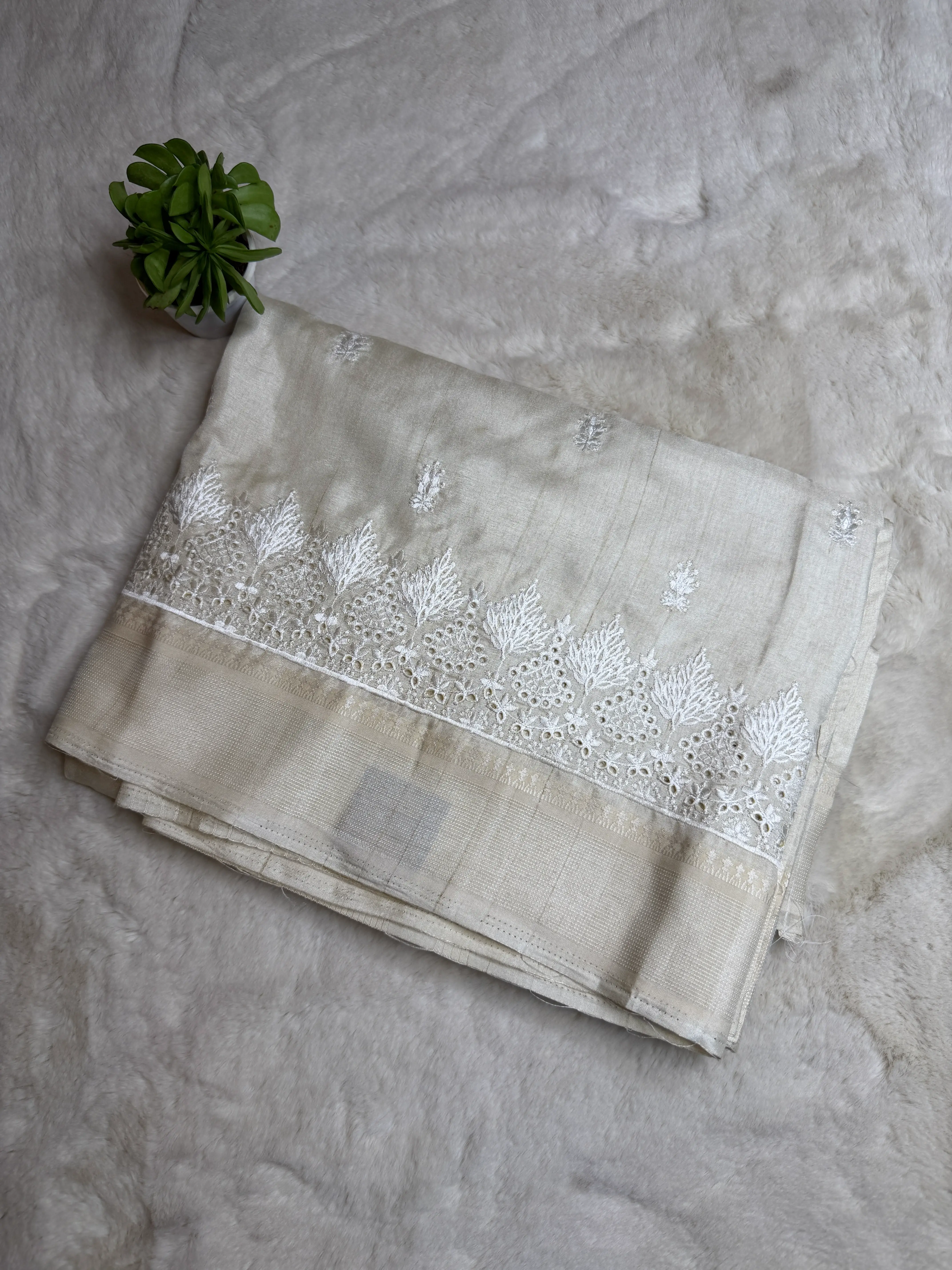 Cream Cut work in the border semi tussar saree