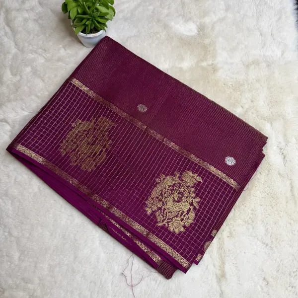 Wine with Checks border and thin Stripes semi crepe saree