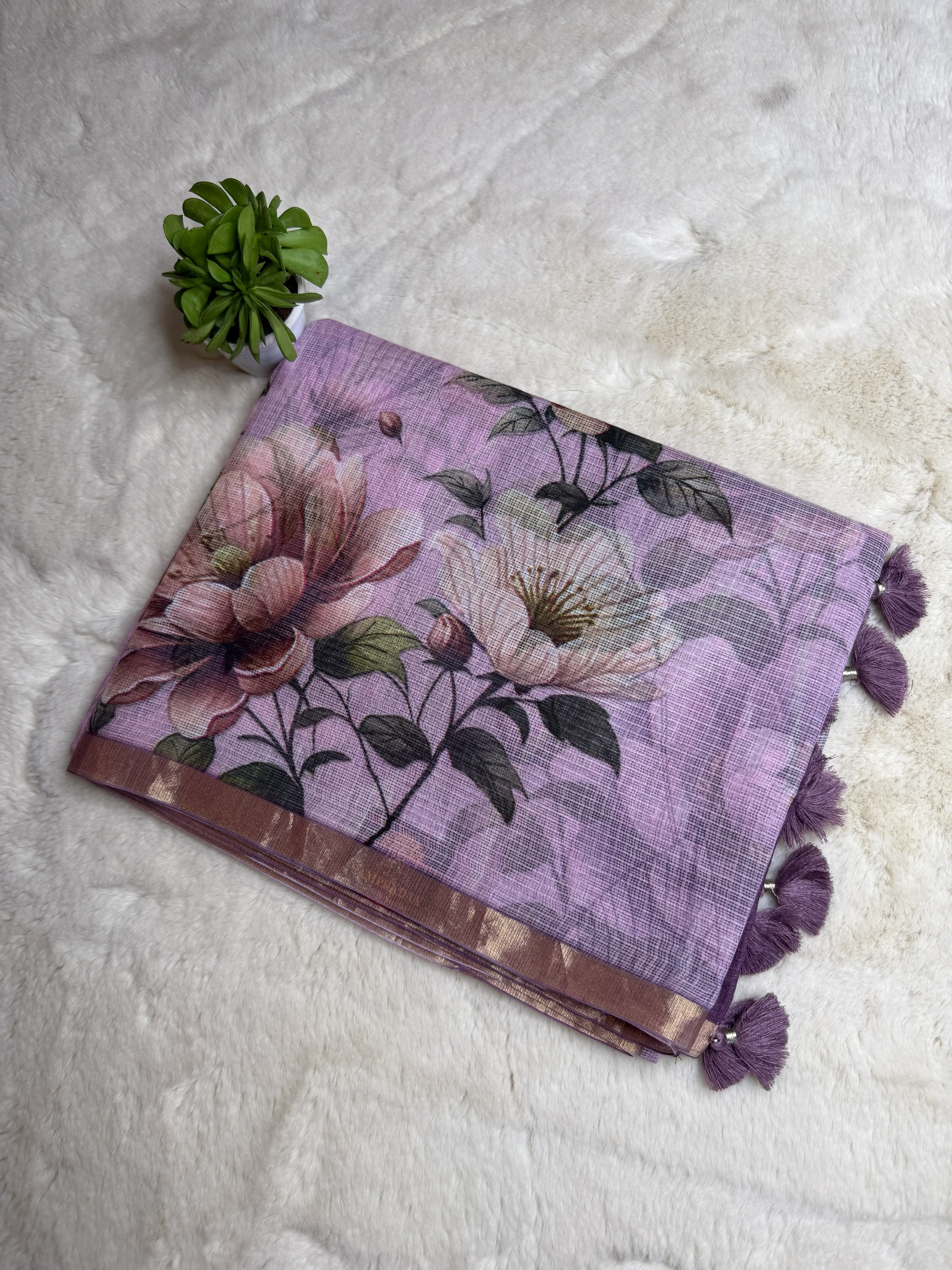 Lavender digital print Linen Cotton Saree