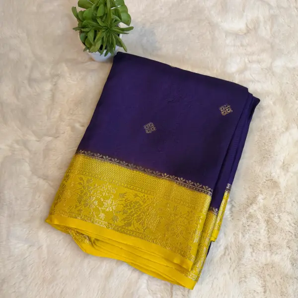 Purple with Yellow border Semi Crepe Saree