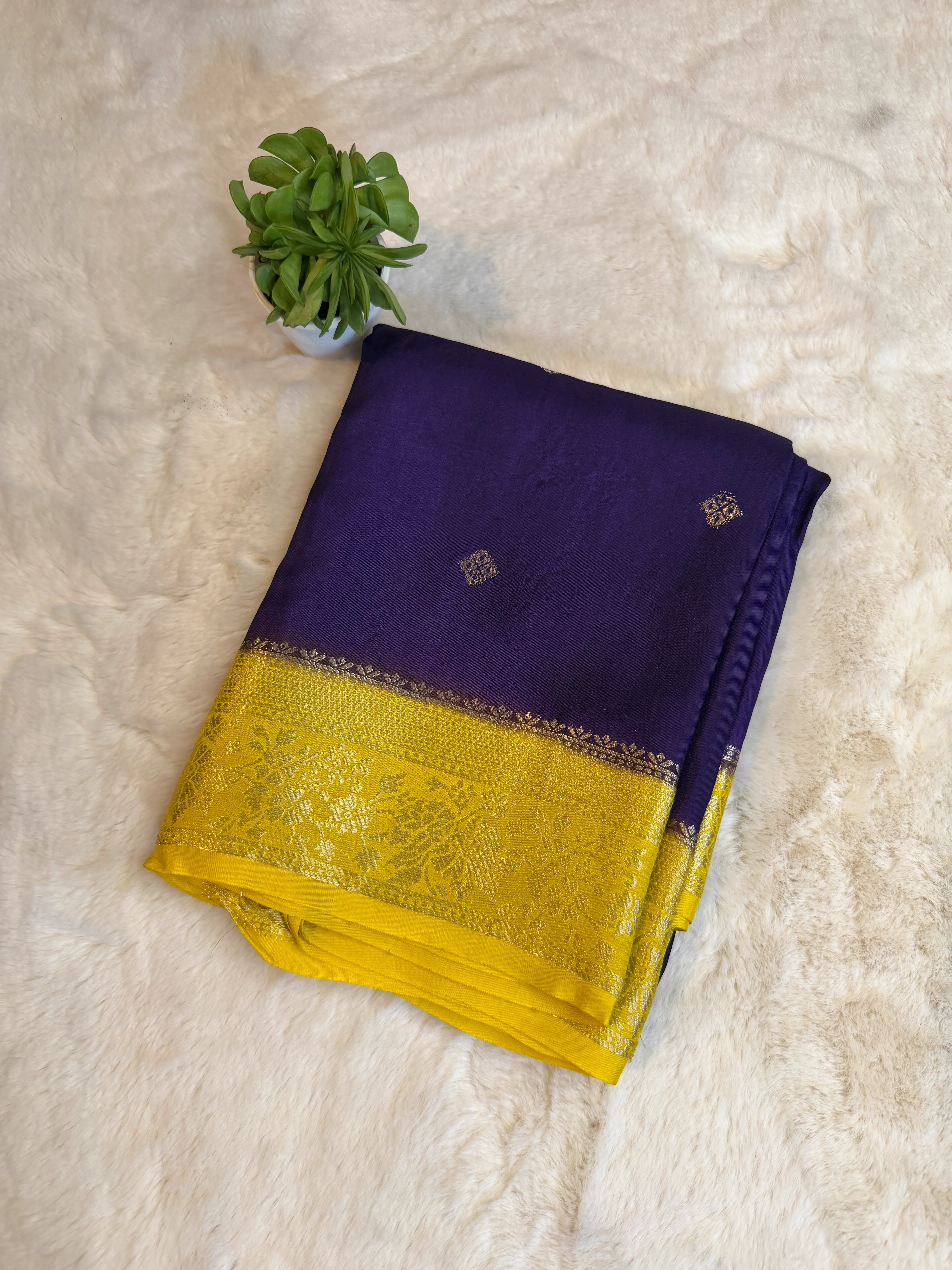 Purple with Yellow border Semi Crepe Saree