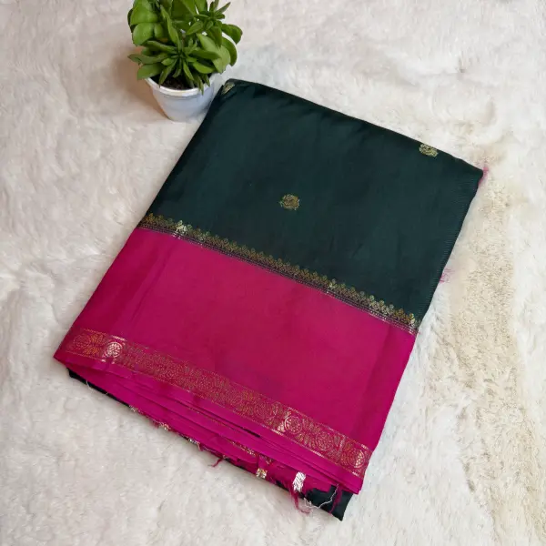 Black with Pink border Semi Crepe Saree