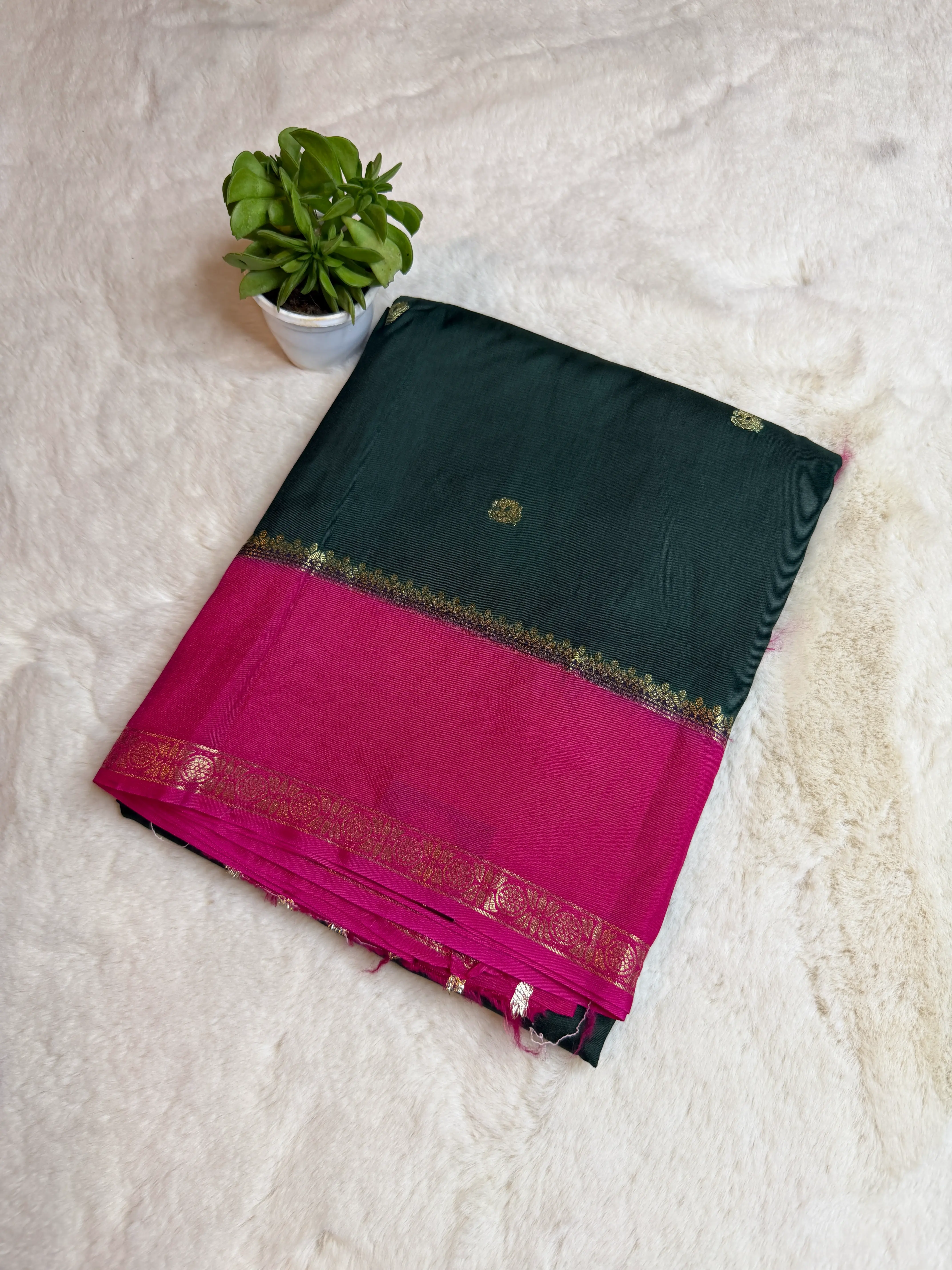 Black with Pink border Semi Crepe Saree