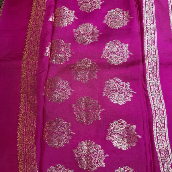 Black with Pink border Semi Crepe Saree