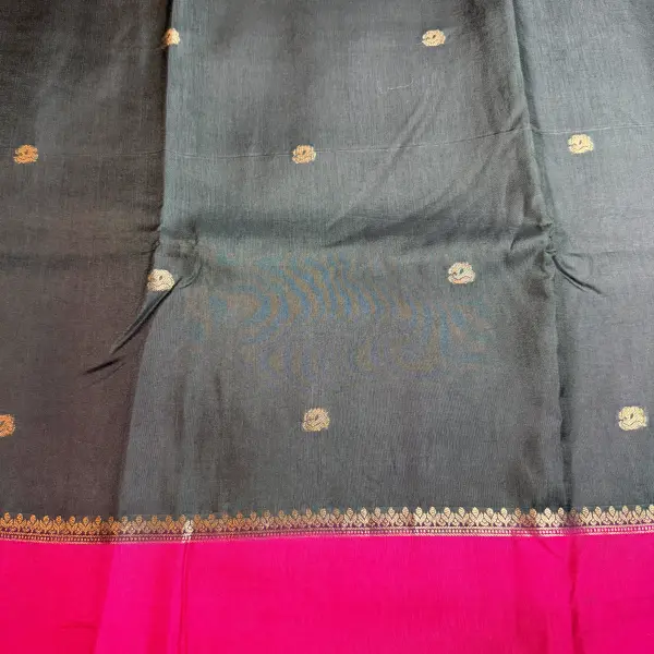 Black with Pink border Semi Crepe Saree