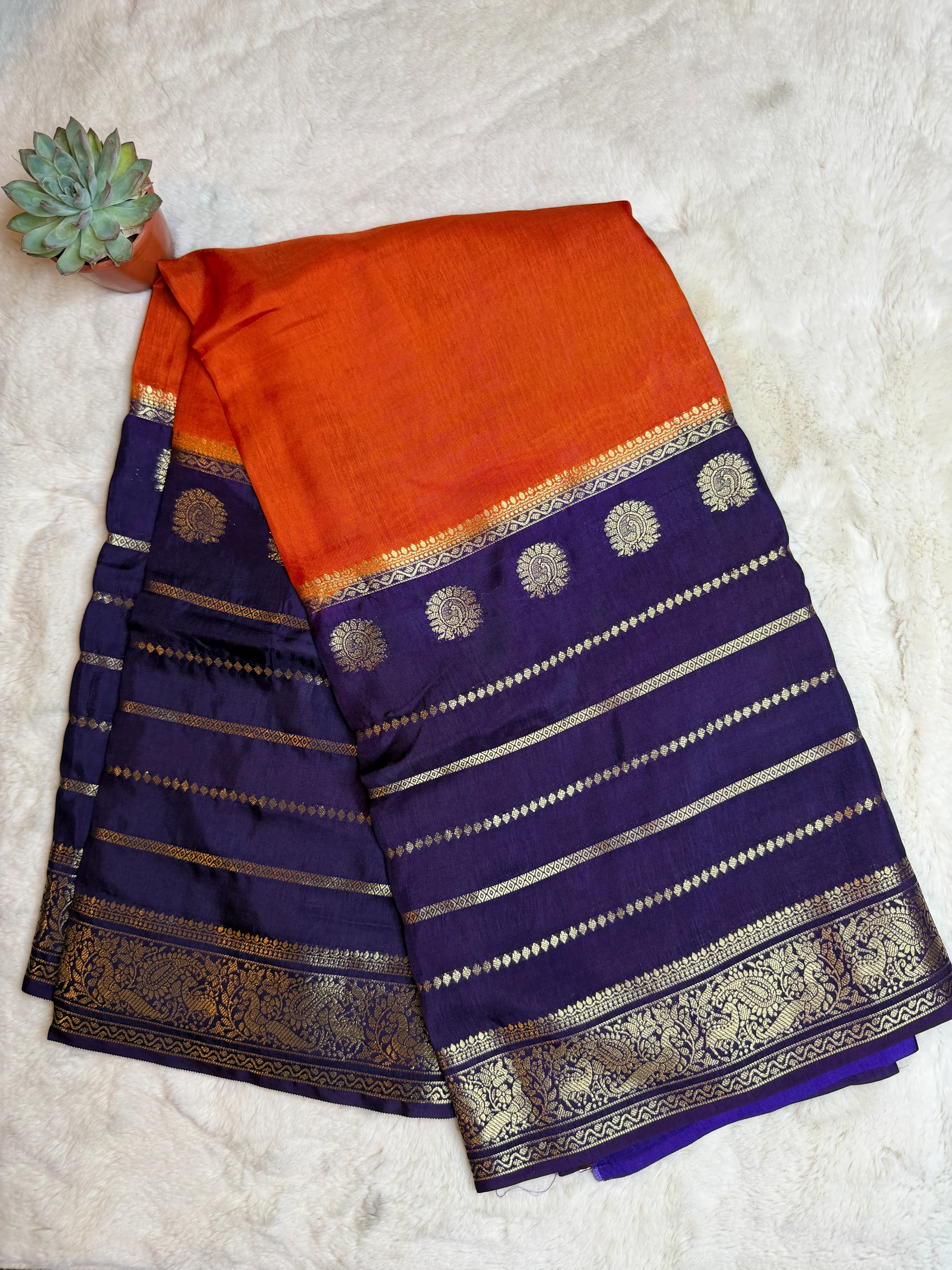 Orange & Purple long border Semi Crepe Saree